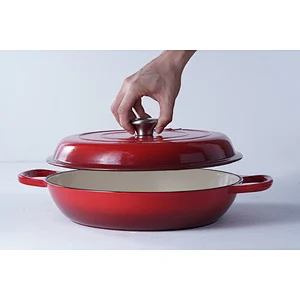 Wholesale good quality competitive price red round kitchen pots cast iron enamel coated cooking shallow pot with lid