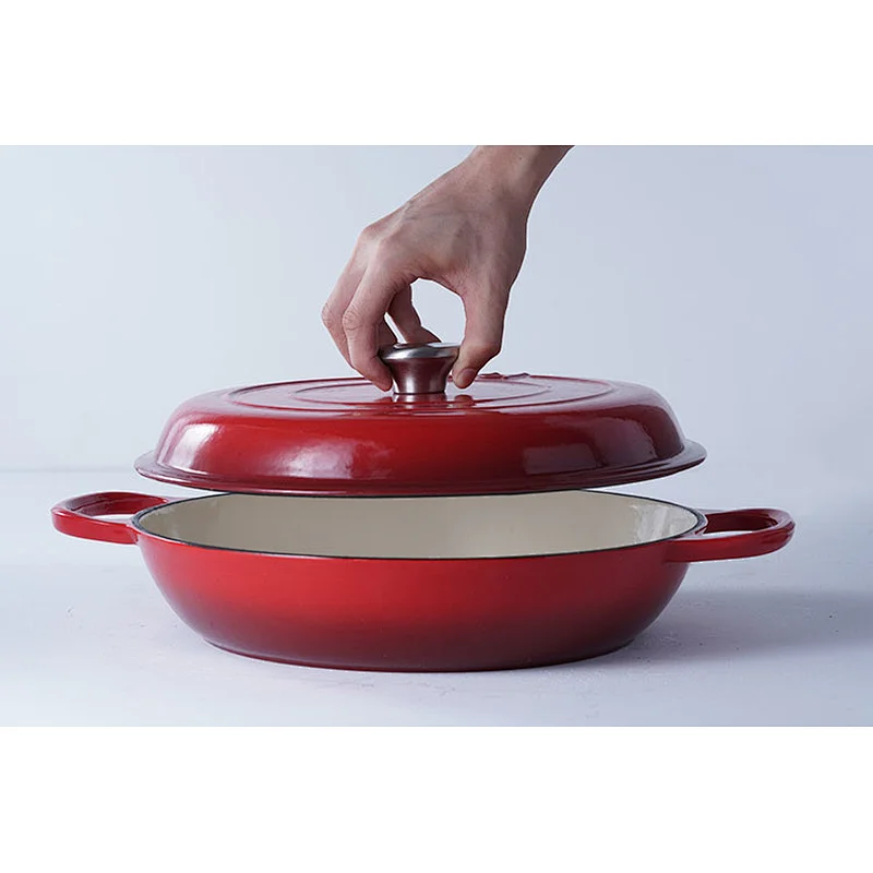 Wholesale good quality competitive price red round kitchen pots cast iron enamel coated cooking shallow pot with lid