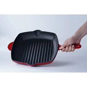 Wholesale professional red square cast-iron enamel frying pan non-stick skillet with one long handles and one side handles