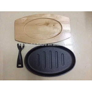 cast iron preseasoned fry pan, skillet set,sizzler plate with birch wood,frying pan with wooden base