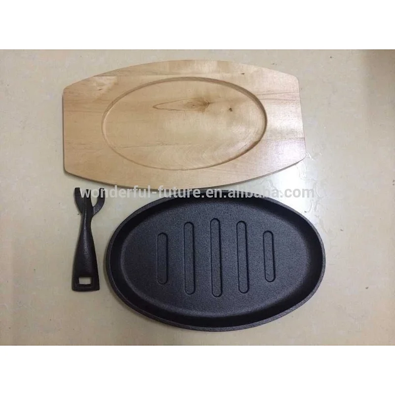 cast iron preseasoned fry pan, skillet set,sizzler plate with birch wood,frying pan with wooden base