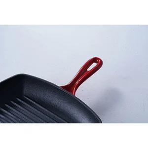 Wholesale professional red square cast-iron enamel frying pan non-stick skillet with one long handles and one side handles