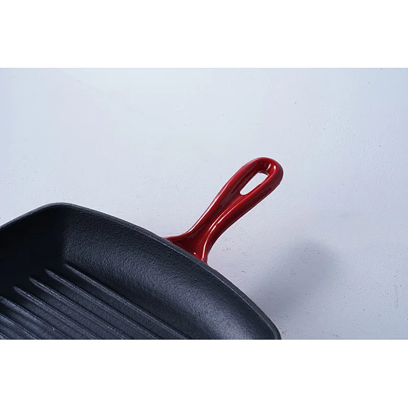 Wholesale professional red square cast-iron enamel frying pan non-stick skillet with one long handles and one side handles