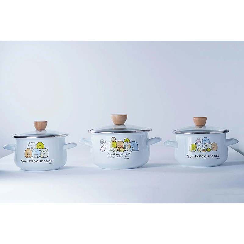 High quality dinnerware multiple sizes available lovely cartoon printing white carbon steel enamel bowl with glass cover