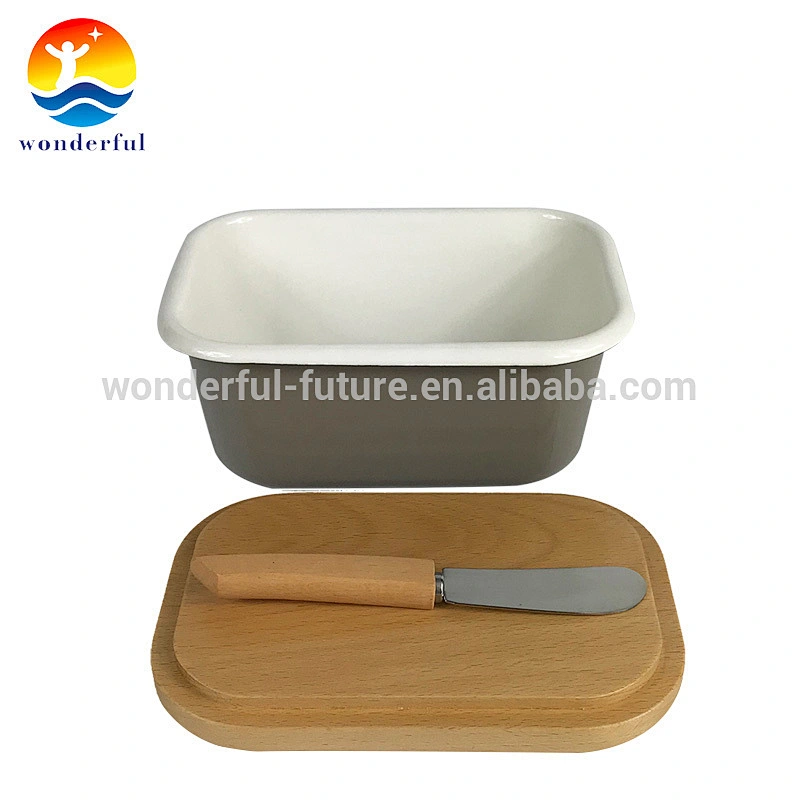 Rectangular Shape Grey Deep Cow Butter Dishes with Wooden Cover