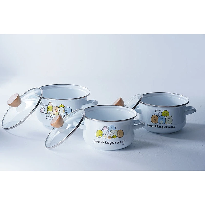 High quality dinnerware multiple sizes available lovely cartoon printing white carbon steel enamel bowl with glass cover