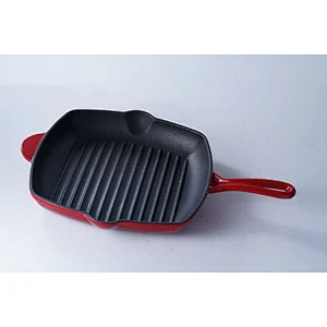 Wholesale professional red square cast-iron enamel frying pan non-stick skillet with one long handles and one side handles