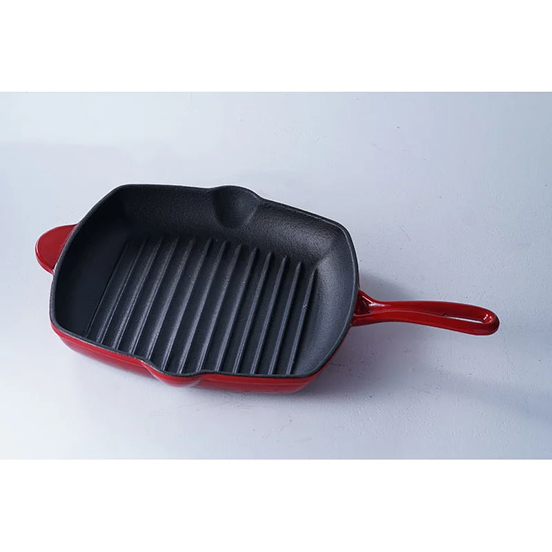 Wholesale professional red square cast-iron enamel frying pan non-stick skillet with one long handles and one side handles