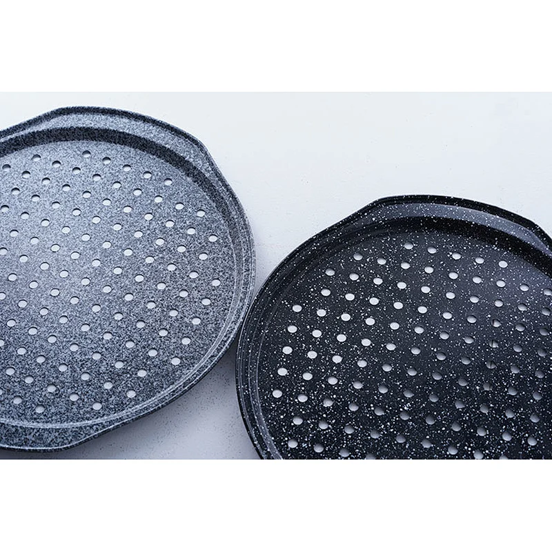 Shallow flat bottom round perforated tray carbon steel non stick coating kitchen cake tools mold with two side handles