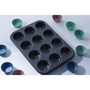 Wholesale good quality 12 pieces round shape muffin form carbon steel cup cake mold non-stick coating bakeware