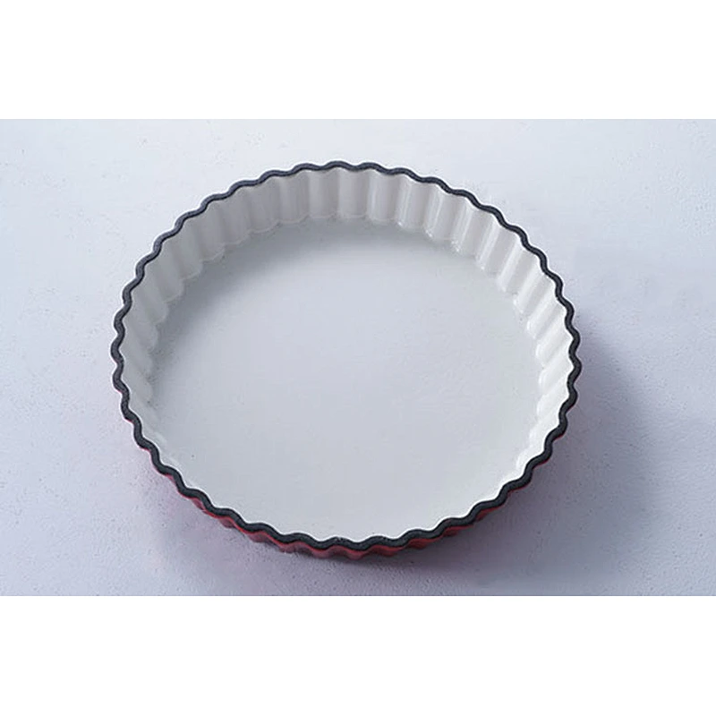 Hot sale OEM ODM special decorative wave border design red round flat bottom enamel frying pan induction cast iron