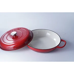 Wholesale good quality competitive price red round kitchen pots cast iron enamel coated cooking shallow pot with lid