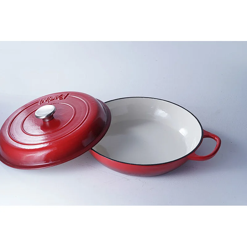 Wholesale good quality competitive price red round kitchen pots cast iron enamel coated cooking shallow pot with lid