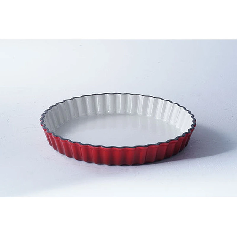 Hot sale OEM ODM special decorative wave border design red round flat bottom enamel frying pan induction cast iron