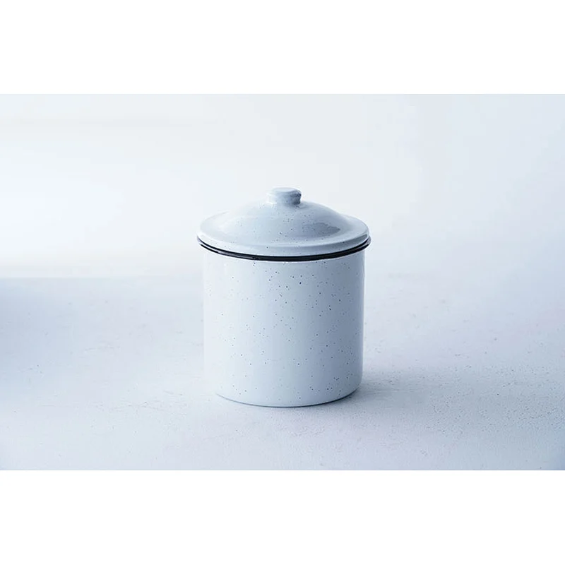 Hot sale white round classic pattern household serving no handle metal carbon steel enamel cup mug with lid
