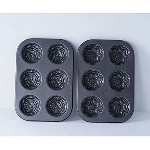 Wholesale two kinds of flower shape 6 holes carbon steel non stick coating cup cake molds for cake decoration
