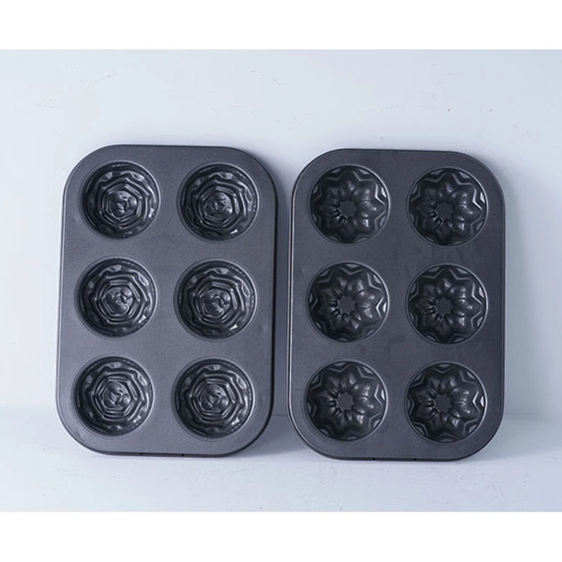 Wholesale two kinds of flower shape 6 holes carbon steel non stick coating cup cake molds for cake decoration