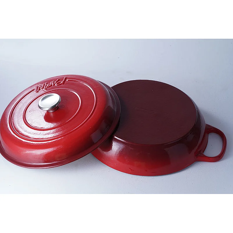 Wholesale good quality competitive price red round kitchen pots cast iron enamel coated cooking shallow pot with lid