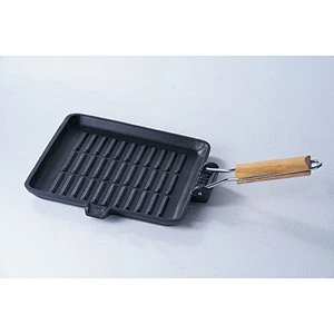 Wholesale durable black square shallow bottom cast iron preseasoned frying pan skillet with insulated wooden handle