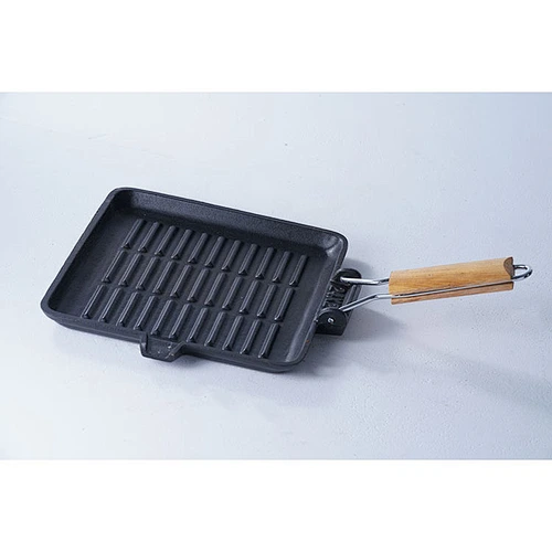 Wholesale durable black square shallow bottom cast iron preseasoned frying pan skillet with insulated wooden handle