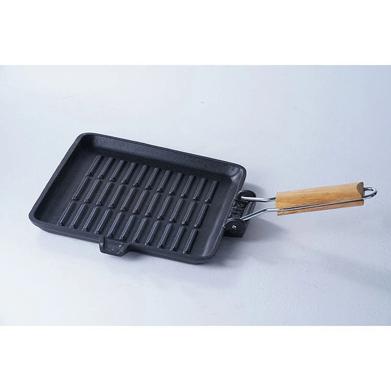 Wholesale durable black square shallow bottom cast iron preseasoned frying pan skillet with insulated wooden handle