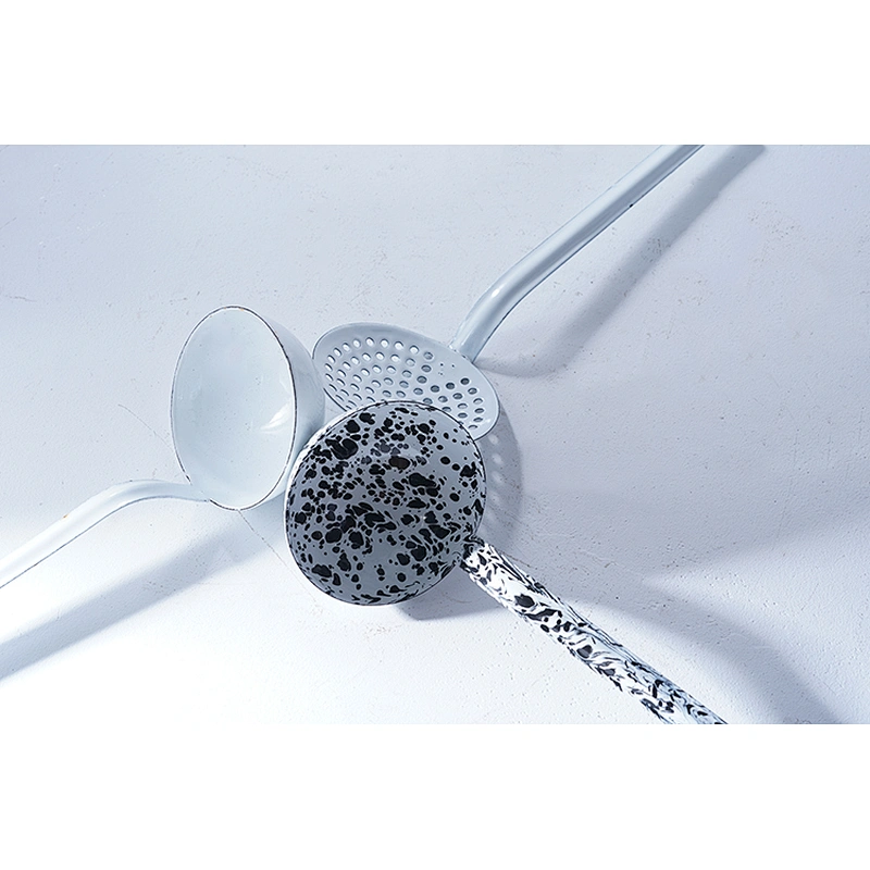 Wholesale OEM good quality dinnerware custom design carbon steel enamel filter spoon soup spoon set with long handle
