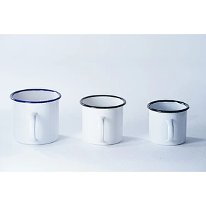 Good quality kitchen supplies classic pattern white multiple sizes carbon steel metal enamel coffee cup enamel mug set with lip