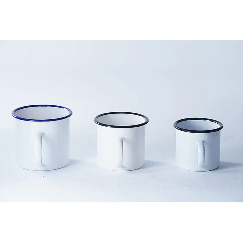 Good quality kitchen supplies classic pattern white multiple sizes carbon steel metal enamel coffee cup enamel mug set with lip