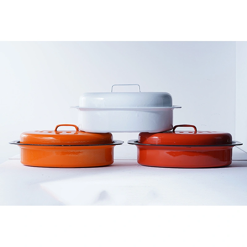 Professional cookware supplier multiple colors available enamel carbon steel chicken roaster pan with lid