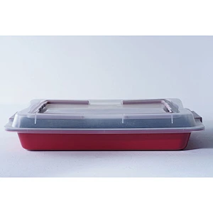 Professional bakeware wholesale red rectangular carbon steel non stick coating oven baking trays with lid