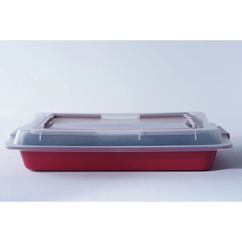Professional bakeware wholesale red rectangular carbon steel non stick coating oven baking trays with lid
