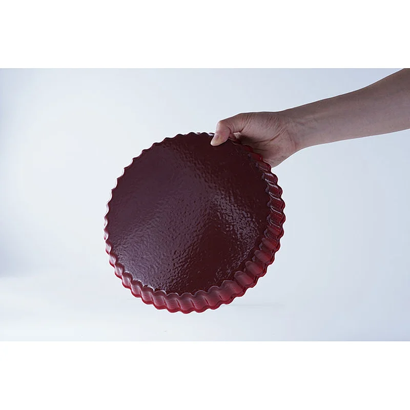 Hot sale OEM ODM special decorative wave border design red round flat bottom enamel frying pan induction cast iron