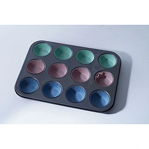 Wholesale good quality 12 pieces round shape muffin form carbon steel cup cake mold non-stick coating bakeware