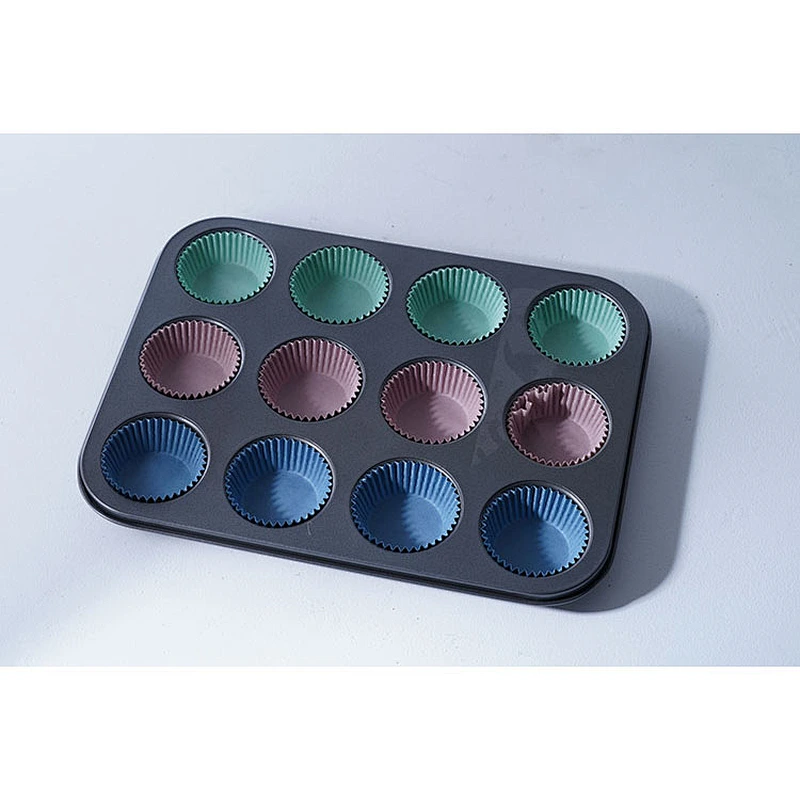 Wholesale good quality 12 pieces round shape muffin form carbon steel cup cake mold non-stick coating bakeware