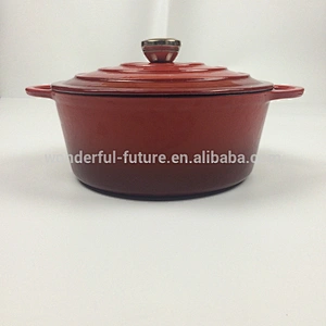 Low large diameter cast iron enamel pot with double handles and bakelite or stainless steel knob
