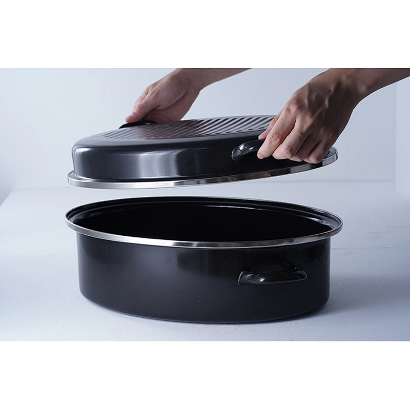 Good quality cookware OEM black multiple sizes carbon steel enamel heavy duty self basting roaster pan pot set with lid