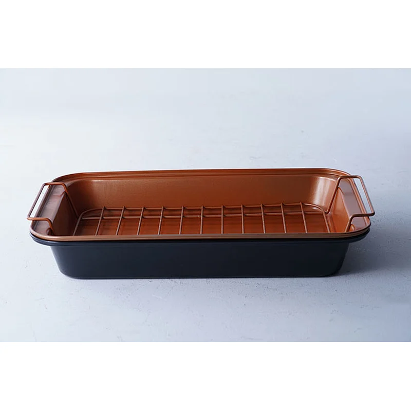 Big capacity brown black rectangular baking ware tray set bakeware nonstick carbon steel tray set for oven with net rack