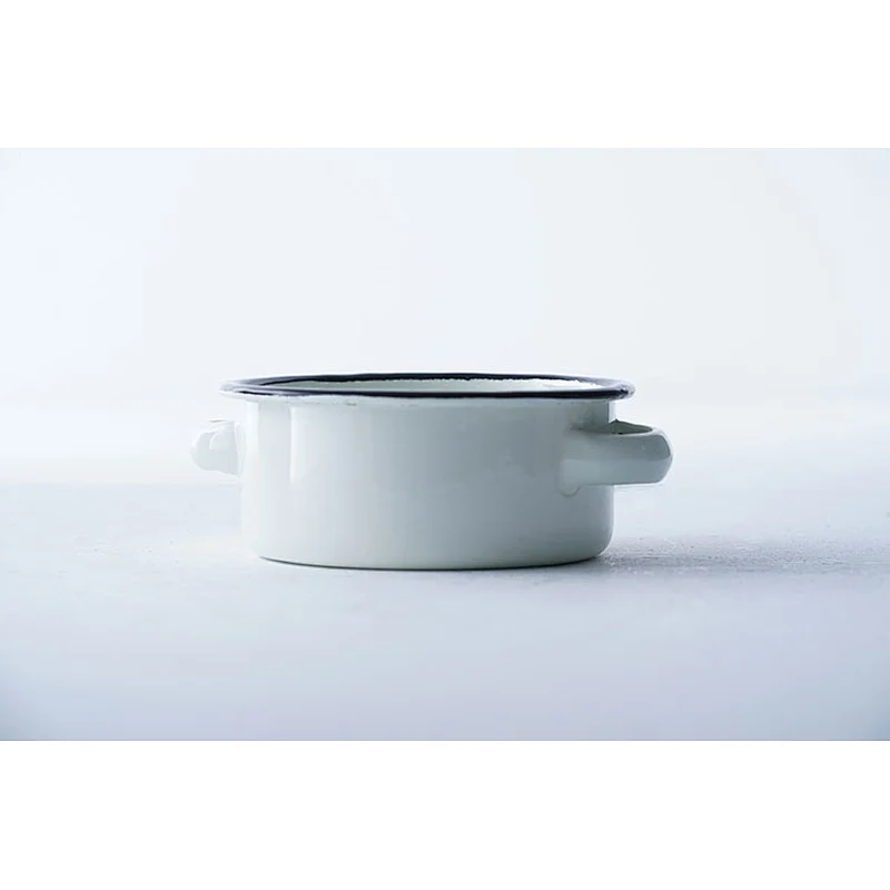 Hot sale multiple sizes available white flat bottom carbon steel enamel metal bowls wholesale with two side handle