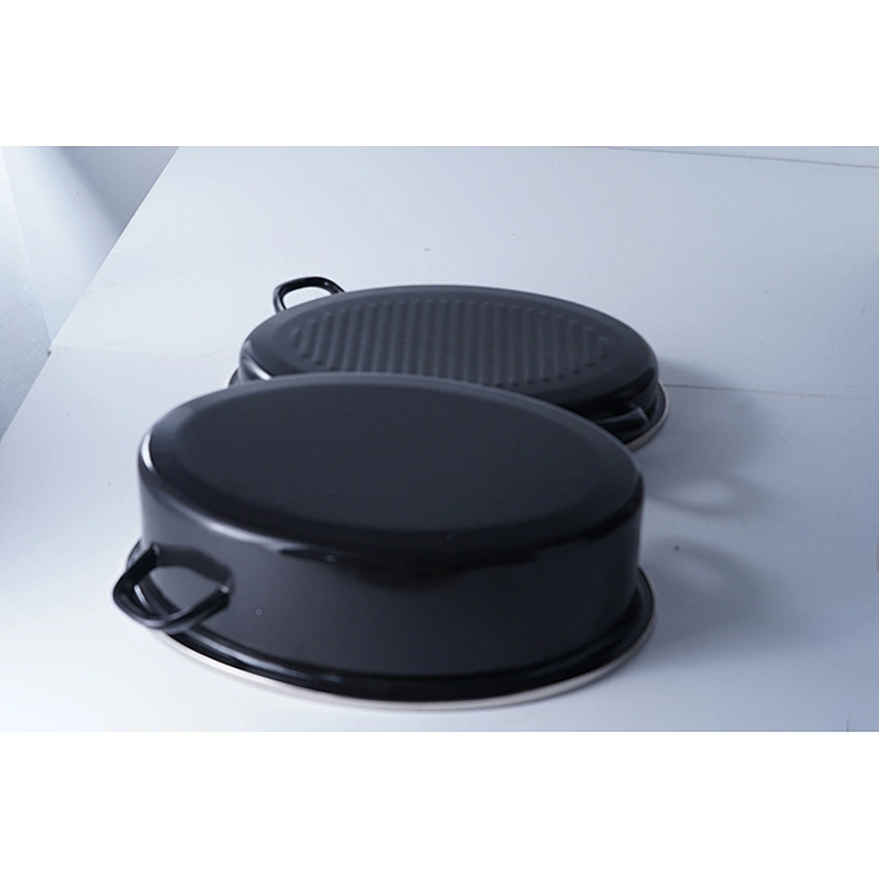 Good quality cookware OEM black multiple sizes carbon steel enamel heavy duty self basting roaster pan pot set with lid