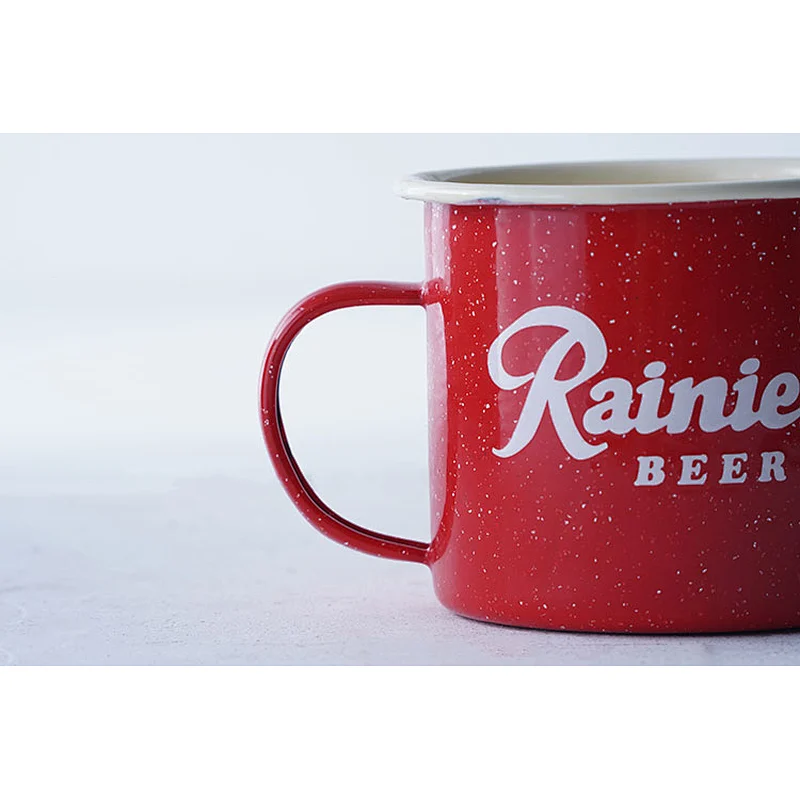 Promotional letter printing body red fashionable durable carbon steel enamel coffee cup beer mug accept custom logo