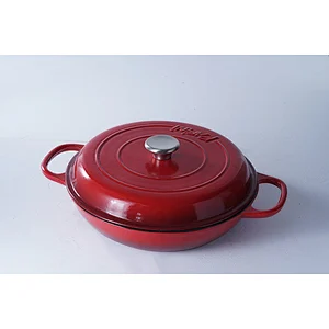 Wholesale good quality competitive price red round kitchen pots cast iron enamel coated cooking shallow pot with lid