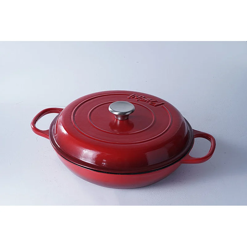 Wholesale good quality competitive price red round kitchen pots cast iron enamel coated cooking shallow pot with lid