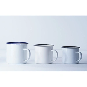 Good quality kitchen supplies classic pattern white multiple sizes carbon steel metal enamel coffee cup enamel mug set with lip