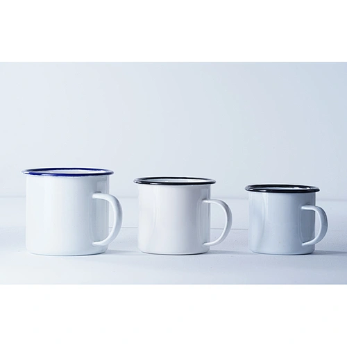 Good quality kitchen supplies classic pattern white multiple sizes carbon steel metal enamel coffee cup enamel mug set with lip