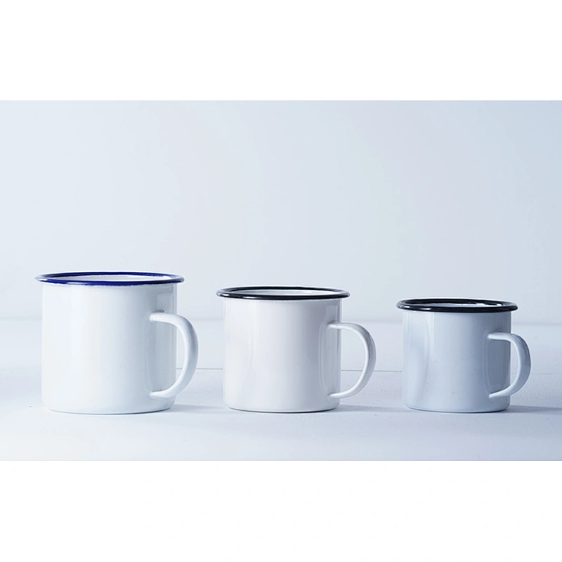 Good quality kitchen supplies classic pattern white multiple sizes carbon steel metal enamel coffee cup enamel mug set with lip