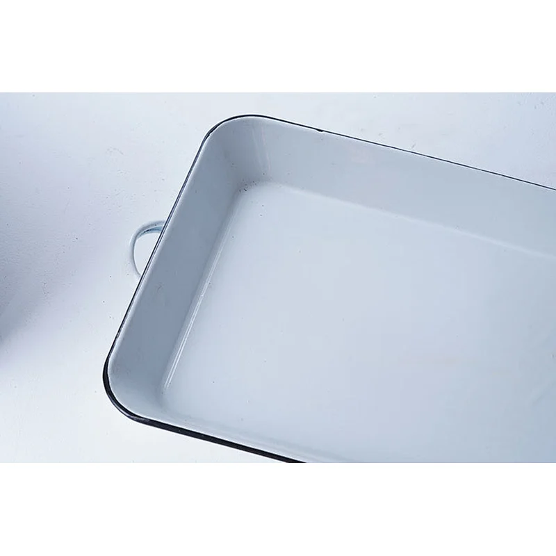 Hot sale durable white rectangular big capacity dinner party carbon steel enameled metal dishes plates with two side handle