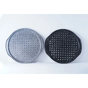 Shallow flat bottom round perforated tray carbon steel non stick coating kitchen cake tools mold with two side handles