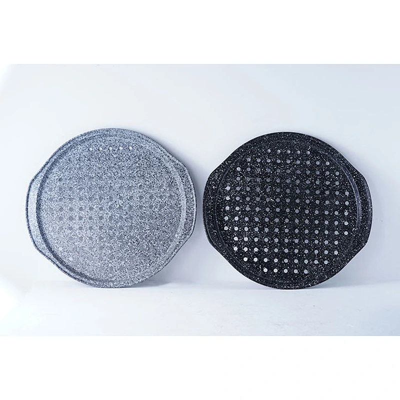 Shallow flat bottom round perforated tray carbon steel non stick coating kitchen cake tools mold with two side handles