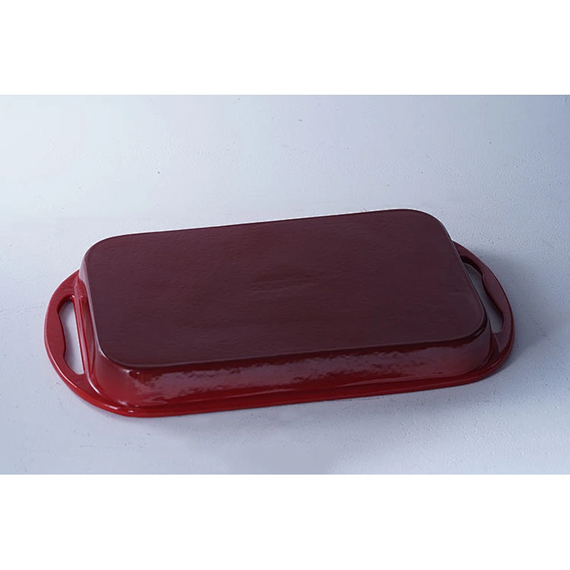 OEM red rectangular big capacity gathering party cast iron cookware enamel non-stick skillet fry pan with two side handles