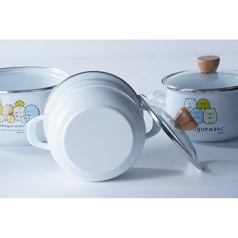 High quality dinnerware multiple sizes available lovely cartoon printing white carbon steel enamel bowl with glass cover